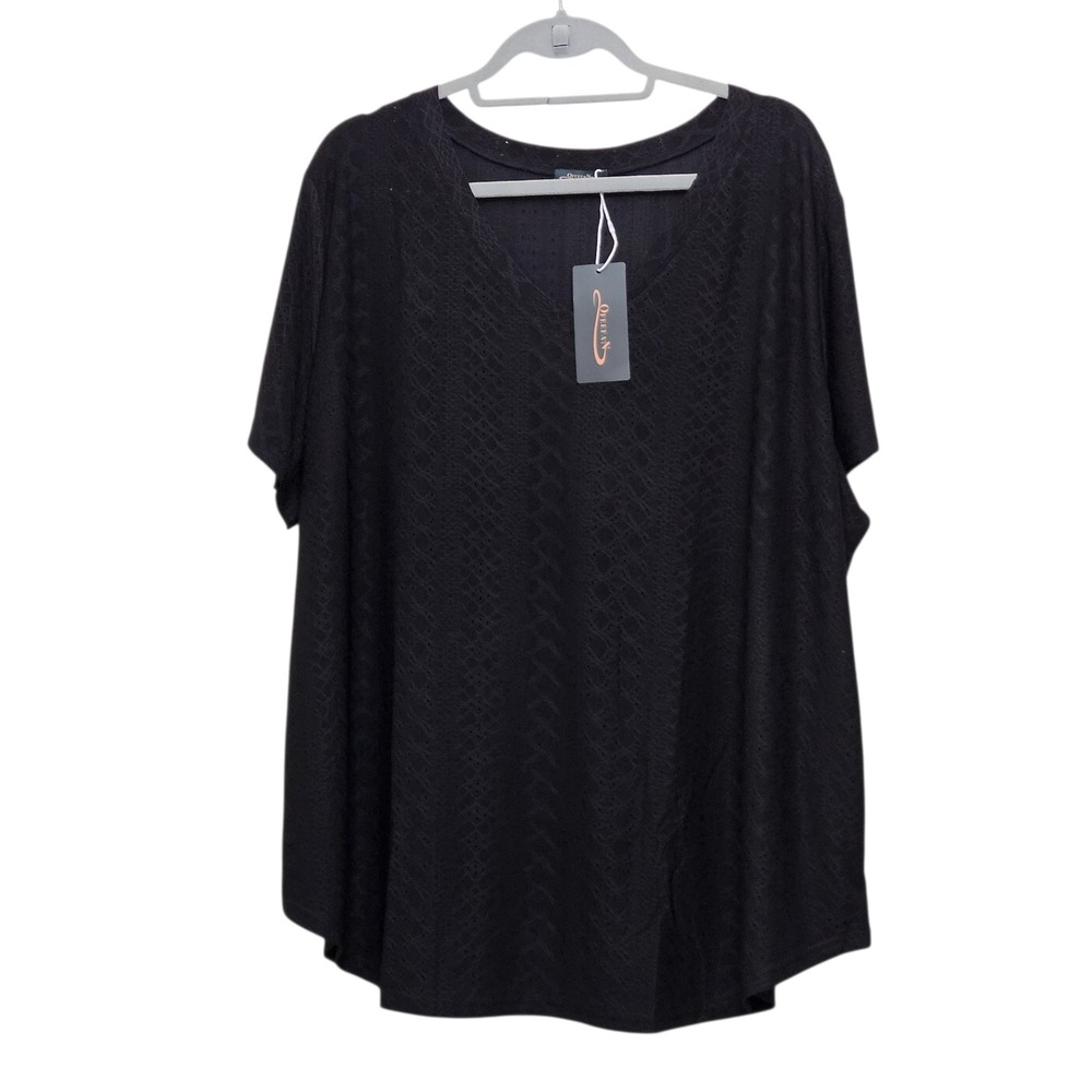 Ofeefan Pointelle Knit Top 3XL Black V-Neck Short Sleeve Eyelet Relaxed Drapey